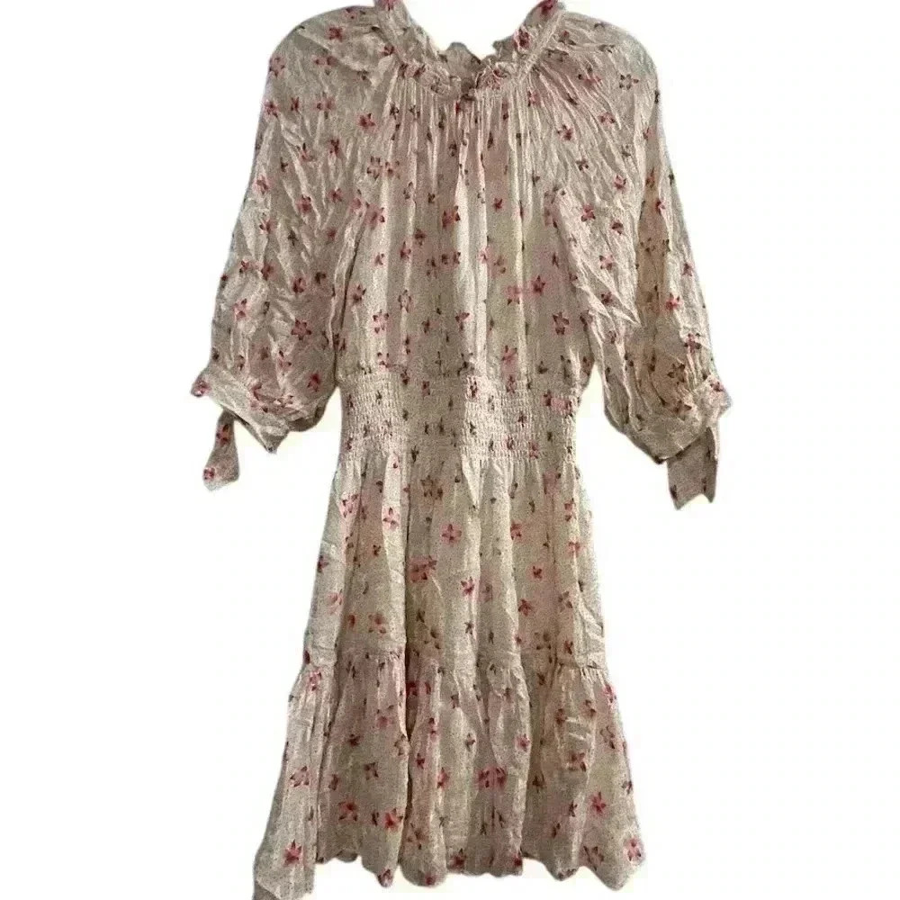 Rebecca Taylor XS Floral Silk Dress Knee Length‎ Ruffle Neckline Pink and Cream